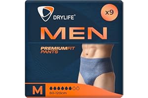 Drylife Men Premium Fit Sous-vêtements Absorbants Jetables Incontinence Homme Pour Fuites Urinaires Modérées Fortes - Taille M (1 Lot de 9)