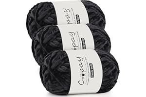 Coopay Lana de Chenilla para Ganchillo - 3 x 100 g de Felpilla Aterciopelada, Hilo Grueso y Esponjoso, Suave para Mantas, Bufandas - Color Negro