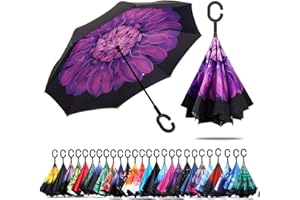 CICILIAYA Parapluie inversé pliable à double couche, support à l'envers, protection contre la pluie, parapluie inversé pour voiture avec poignée en forme de C, grand parapluie droit