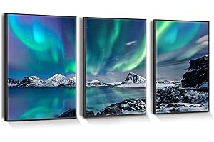 hyidecorart Marco Negro Cuadros Decoracion Dormitorios Verde Aurora Boreal, 3 Piezas Cuadro Pared Lienzo Montañas De Invierno Cielo Estrellado Con Luces Polares, Para Sala Comedor Oficina Y Baño