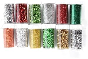 ZADAWERK® Polvere glitter - natale - 12 barattoli - spargitore - dosaggio preciso - grossolana e fine - set fai da te - glitter in diverse forme - set creativo
