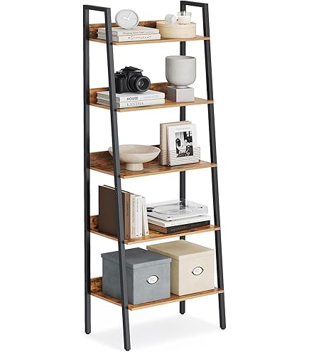 VASAGLE Ladderplank 4 Niveaus VASAGLE Hoekplank Boekenkast – 4 Laden Ladderplank, Industrieel Design, Grijs-zwart, 34x34x125 Cm, Max. 5 Kg Per Plank Industriële Opbergplank