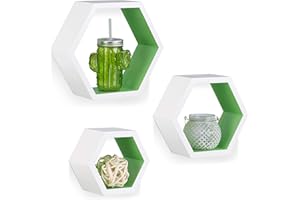 Relaxdays 10021897_252 Set 3 Mensole da Parete, Esagonali, Decorative, Legno MDF, per Soggiorno, Cameretta, Bianco-Verde