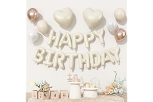 TOGVU Happy Birthday Balloon Banner Cream, 16 Inch Beige Mylar Letters Heart Foil Balloons Pearl White Sand White Metallic Champagne Gold Balloons Boho Neutral Birthday Decorations for Girls Women Boy Men
