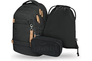 Baagl Schulrucksack Set Jungen Mädchen Teenager 3 Teilig, Skateboard Rucksack Skate MAX, Schultasche ab 3. Klasse, Grundschule Ranzen mit Brustgurt, Ergonomischer Schulranzen, 30 l (Darkness)