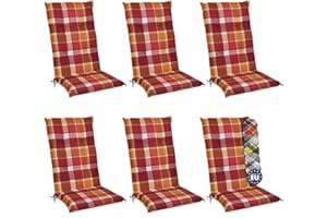 ‎BEAUTISSU Beautissu 6er Set Hochlehner Auflagen Set Gartenstühle 120x50 cm Polster Rot Kariert – 6cm Dicke Polsterauflage Bequem, rutschfest & UV-Lichtecht 5 – Stuhlkissen Sitzauflage – Sunny RO