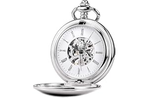 TREEWETO Unisex Taschenuhr mit Kette Analog Handaufzug Retro Skelett Hochglanz Poliert Silber