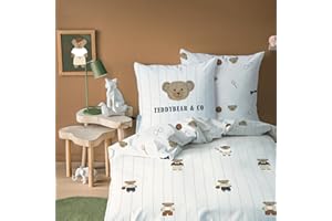 MATT & ROSE Parure de Lit Enfant 1 Personne Teddy Bear | 100% Coton | Oeko-TEX | Housse de Couette 140x200 cm + 1 Taie d'oreiller 63x63 cm Imprimées Réversibles | Beige