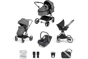 Ickle Bubba Atom 8 Piece Travel System with Astral Car Seat – Lightweight Compact Pram from Birth to 22kg, Convertible Lie-Flat Seat, Includes Changing Bag, Rain Cover & Cup Holder (Graphite Grey)