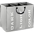 IHOMAGIC 3 Sections Large Laundry Hamper, Collapsible Laundry Bag, Foldable Washing Clothes Sorter, Storage Bag with Carry Handles, Dirty Clothes Bag for Bathroom, Bedroom, 90L, Light Grey