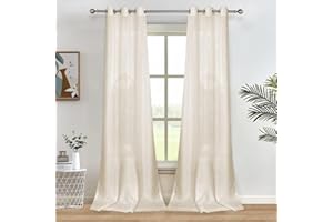 Melodieux 2 Panel Voile Net Curtains - Faux Linen Semi Sheer Curtains, Ring Top Drapes, Casual Solid Window Panels for Home Office, Living Room, Window, Patio - Beige, 55 x 89 inch drop (140 x 225cm)
