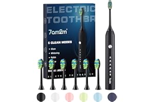 7AM2M Sonic Electric Toothbrush for Adults and Kids with 6 Brush Heads, 5 Modes with 2 Minutes Build in Smart Timer, One Charge Use for 90 Days, Rechargeable Toothbrushes (Black)
