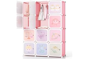 GYMAX Cartoon Clothes Closet, Portable Kids Wardrobe with Hanging Section, Children Storage Unit for Bedroom Nursery (Pink, 12 Cubes Constellation: 109 x 37 x 145cm)