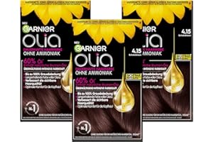 ‎GARNIER Garnier Olia Dauerhafte Haarfarbe ohne Ammoniak, Mit pflegenden und natürlichen Ölen, Vollständige Grauhaarabdeckung, Permanente Coloration, Nr. 4.15 Schokobraun, 3 x 1 Stück