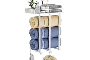 OVICAR Towel Racks for Bathroom - Wall Mounted Towel Rack with Metal Shelf & 3 Hooks, 3 Bars Wall Towel Holder for Small Bathroom, Bath Towel Storage for Rolled Towels Organizer (White)