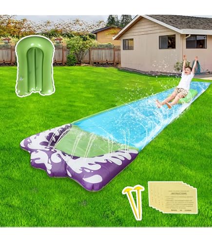 Tobogán Acuático Doble De 480x210 Cm Con 2 Bodyboards, Aspersores Y 5 Parches – Diversión En El Jardín Para Niños Y Adultos