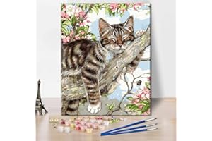 TISHIRON DIY Paint by Numbers Hand Painting Cat Snuggling in The Treetops for Adults Beginner Kids Drawing with Brushes Festival Gift House Decorations No Frame -16x20inch