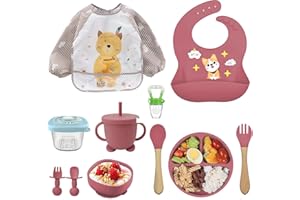 OSKUGLIN 11-Piece Silicone Baby Crockery Set, Baby LED Weaning, Non-Slip with Suction Cup, Plate, Bowl, Bib, Spoon, Fork, Drinking Cup, Fruit Teat, BPA Free, Dishwasher and Microwave Safe