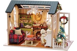 Kit de casa de muñecas de Bricolaje,Funien Kit de casa de muñecas en Miniatura de Navidad de Bricolaje Realista Mini 3D Casa de Madera Sala de Manualidades con Muebles Luces LED Día de los niños