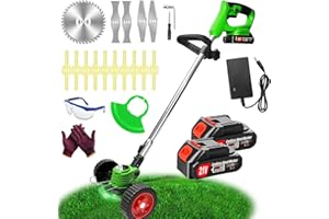 FISIYINDZ DéBroussailleuse à Electrique sans Fil 21V 2.0Ah Coupe Bordure sans Fil avec 2 Batterie et Chargeur Rapide Taille Bordure avec Roues Trois Types De Lames,légères et à Faible Bruit,pour Jardin Élagage