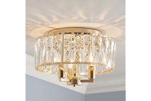 SM SAINT MOSSI Saint Mossi K9 Crystal Flush Mount Ceiling Light Fixture, Modern Style, Close to Ceiling, E14 Base 3-Lights, D30cm x H18cm, Shine Gold Finish