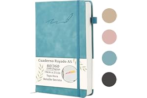 Soul Projekt Cuaderno A5 Azul, Libreta A5 Hojas Blancas, 360 Página Diario Personal, Bullet Journaling Notebook A5, Cuaderno A5 Tapa Dura, Cierre Elástico Para Bolígrafo