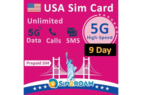 Carte SIM prépayée USA | Données Internet Haut débit 5G/4G LTE illimitées aux États-Unis (y Compris Hawaii) | Appels et SMS illimités aux États-Unis | Rechargeable ! (9 Jours)