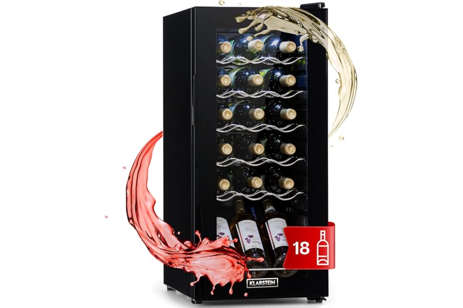 KLARSTEIN Design Wine Cellar, Single Zone Refrigerated Wine Rack for Red, White and Beer, Touch Controls, Fridge Wine Rack for Outdoor/Indoor, 5-18°C, 50L, 18 Bottles