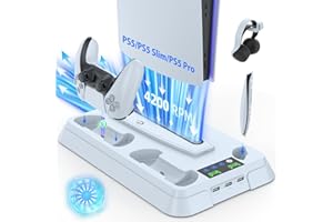 Lictin PS5/PS5 Pro/PS5 Slim Stand Cooling Station with 3 Levels Cooling Fan, 3-Hour Fast Charge for PS5 Controllers, 3 USB Hubs, Headphone Holder, Fits 2020/2023/2025 PS5 Standard/Digital Editions
