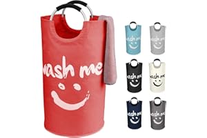 IHOMAGIC 95L Grande Cesto Ropa Sucia con Asa, Cesto de Lavandería Redondo de Tela Oxford - Plegable Bolsas con Smiley Pattern para la Colada para Juguetes, Toallas, Mantas, Esterillas de Yoga (Rojo)