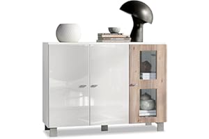 ‎VLADON Vladon Sideboard Denjo, Made in Germany, Kommode mit 3 Türen, Weiß matt/Weiß Hochglanz/Eiche Nordic (107 x 81 x 35 cm)