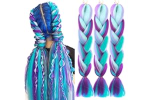 PORSMEER 24 Pouces Kanekalon Ombre Jumbo Cheveux Tressage Extensions,3 paquet de meches pour tresses africaine,Synthétique rajout cheveux tresses,cyan/violet/bleu/blanc