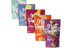 ‎NUT PERFECT BUT A BITE BETTER! Nut Perfect Probierpaket, 1x Bio Kokos-Chips, 1x Bio Mangostreifen, 1x Cashewkerne, 1x Pistazienkerne und 1x Bio Ananasstücke, 440 g, naturbelassen und vegan, verarbeitet unter fairen Bedingungen