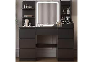 TRIUMPHKEY Toeletta da Trucco con Luci LED,Postazione Trucco,Toletta con Specchio,Tavolo da Trucco on 4 Ripiani,7 Cassetti e 3 Scomparti Aperti,Moderna (Nero)