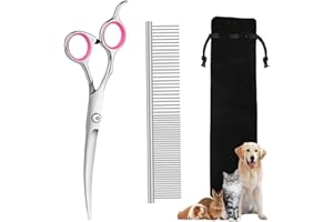 QJFHURB Forbici Toelettatura Cani Per Cani Pet Scissors Dog Grooming Curve Toelettatura Forbici Cani kit forbici Gatti Forbici Acciaio Inossidabile Up Curved 1 Pettine Per Cani 1 Custodia Per Forbici