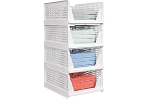 CAKTRAIE 4 Pack Folding Closet Organizers Box, Stackable Plastic Basket, Drawer Shelf Container for Cupboard Kitchen Bathroom Bedroom (4L) White