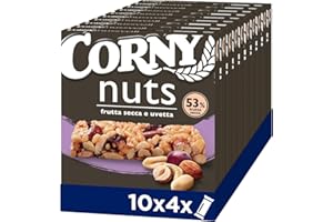 Corny Nuts Barrette Frutta Secca e Uvetta, Senza Olio di Palma, Fonte di Fibre, 4 Barrette da 24g, Confezione da 10 Scatole