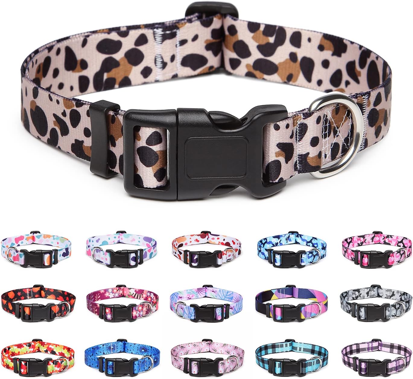 Suredoo Collar Perro, Ajustable y Resistente con Patrones de Moda, Collar Nylon Cómodos para Perros Pequeños Medianos Grandes, Cachorros (S,Leopardo)