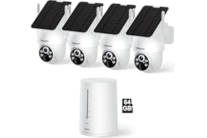 FOSSENXE 2K Camera Surveillance WiFi Exterieure Solaire, Kit 4 Caméras avec Base Stockage, Zéro Frais, PTZ 360°, Stockage Local 64G, 4MP Caméra sans Fil avec Détection Mouvement PIR, Vision Nocturne