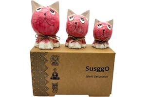 SusggO Set di 3 gatti in legno. Gatti in legno, prodotto artigianale, decorazione, intagliati a mano, portafortuna, idea artistica, decorazione per mobili (Rosa con dettagli bianchi GRB)