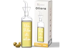 WELCOMAT Oliera Salvagoccia Da Tavola - Un Filo D'Olio - In Vetro - 500ml / 0,5 litri, Con Dosatore, Facile da Pulire, Utensili Cucina, Regali per la Casa
