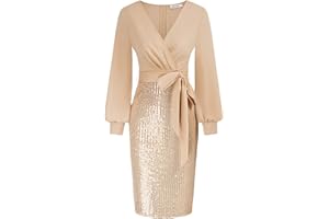 GRACE KARIN Women Elegant Formal Sequins Dresses Wrap V Neck Long Sleeves Midi Bodycon Party Dress