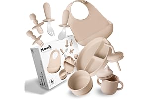 Navik | set pappa svezzamento | piatto svezzamento con ventosa per bambini | bicchiere bambino con cannuccia | ciotola per bambini | posate per bambini | Beige