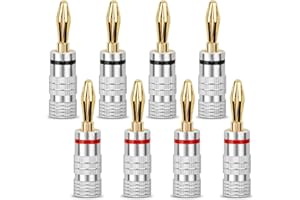 CERICAI 8 PCS Gold-Plated Copper Banana Plug - Solder-Free 4MM Speaker Cable Headphone Microphone Plug, Red-Black Wire Aluminum Shell Plug Connectors for High Fidelity Sound Systems, AV Amps & Receivers