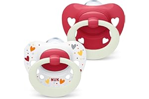 NUK Signature Night Baby smoczek, 0-6 miesięcy, uspokaja 95% niemowląt, silikonowe smoczki w kształcie serca bez BPA, świecące w ciemności, zawiera etui, czerwone serca, 2 sztuki