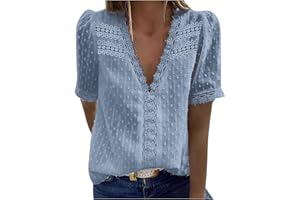 TIMEMEAN Hauts Femme Chemise élégante à Col en V Et Dentelle Au Crochet Chemisiers Confortables Décontractés à Manches Courtes en Jacquard De Couleur Unie à Pompons