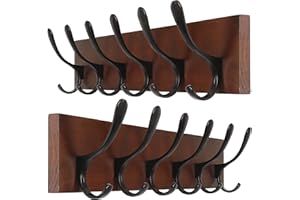 SKOLOO Garderobe Wandhalterung - Holz Braun Wandgarderobe Haken 2 Stück Wandgarderobe Kleiderbügel Rack mit 6 Haken zum Aufhängen von Mänteln, Hüten, Kleidung, Schals, Braun & Schwarz