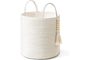 Mkono Cesta de almacenamiento tejida con asas, cesta decorativa de cuerda de algodón, decoración de cuentas de madera para mantas, juguetes, ropa, sala de estar, decoración del hogar, 11 pulgadas,