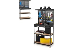 SOARS Banco da Lavoro, Organizer per Attrezzi in Metallo con 2 Pannelli Perforati con Kit di 14 Ganci, Cassetti e 2 Ripiani, Banchi da lavoro per Officina, Garage (Nero+Blu, 81 X 41 X 156 CM)