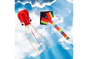 ZoomSky 2 Pack Kites - Large Rainbow Delta Kite and Red Mollusc Octopus with Long Colorful Tail for Children Outdoor Game,Activities,Beach Trip
